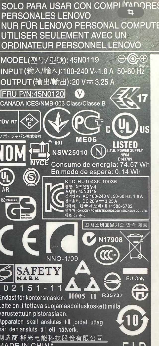 Cargador original Lenovo 45N0119 20v/3.25A