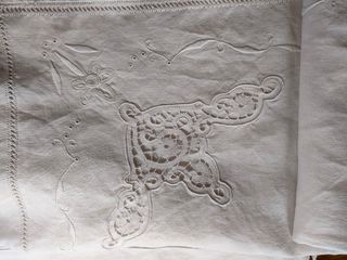 Antico lenzuolo misto lino ricamato a ma