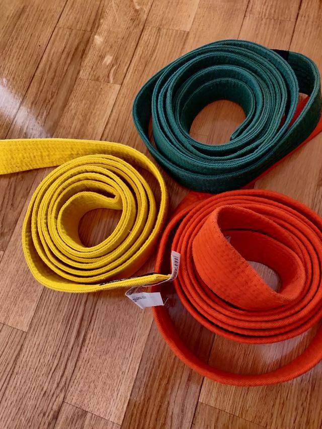 3 cintos de karaté laranja, verde e ama