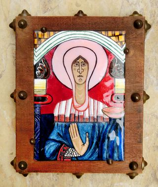 ICONO ESMALTE SOBRE MADERA VIRGEN TACHUELAS RARO