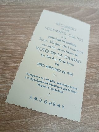 Estampa Virgen de Linarejos. Recuerdo 1954