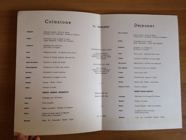 Menu Crociera Turbonave Ausonia 27.8.1979