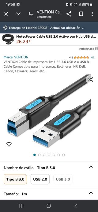 Cable USB A a USB B. Conexión macho-mach