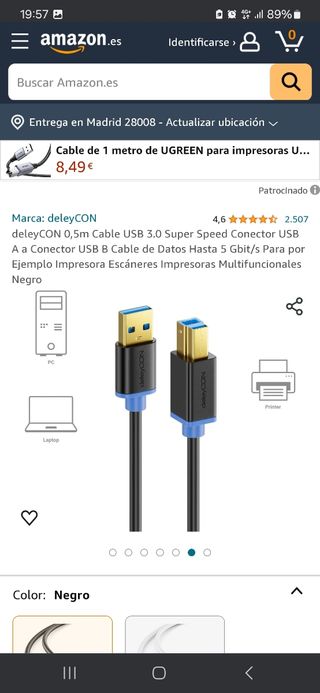 Cable USB A a USB B. Conexión macho-mach