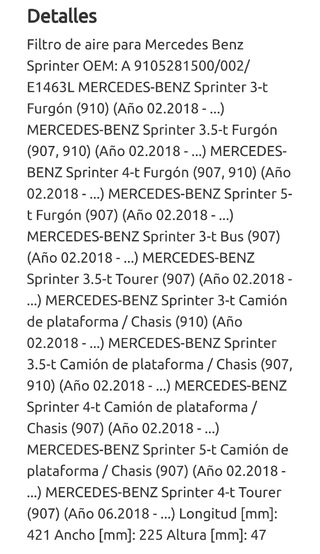 Filtro aire furgoneta Mercedes sprinter