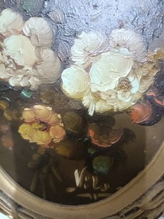 Cuadro antiguo al oleo de flores pintado a mano.