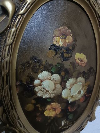 Cuadro antiguo al oleo de flores pintado a mano.