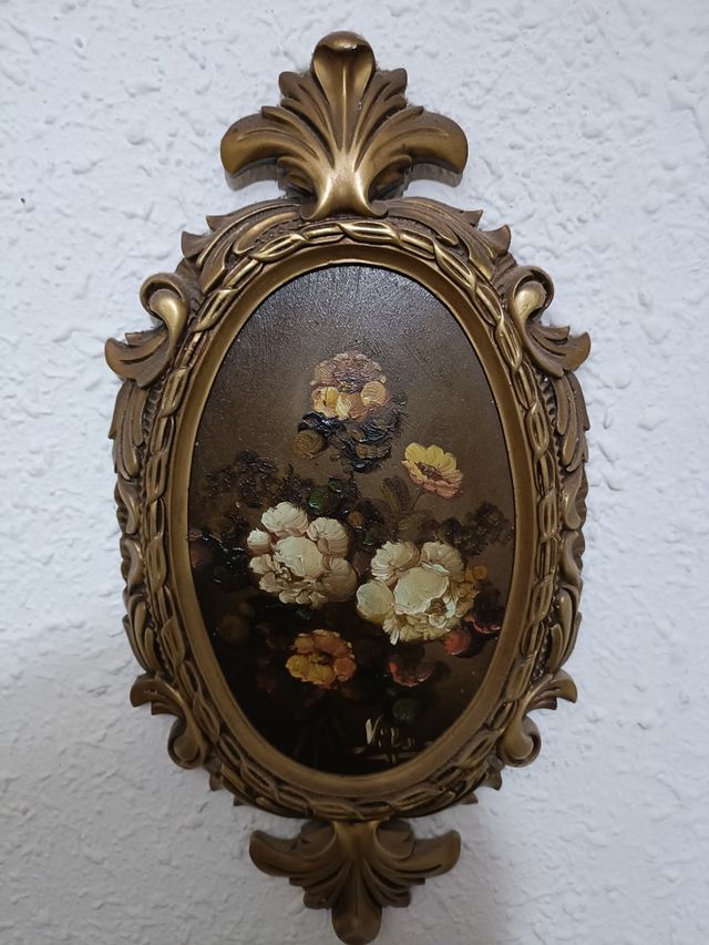 Cuadro antiguo al oleo de flores pintado a mano.