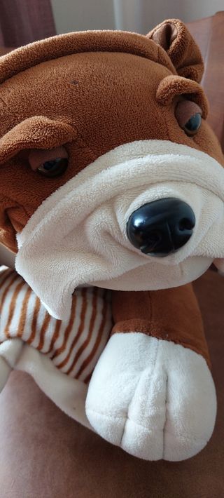 PELUCHE DE PERRO APOYADO EN UN COJÍN