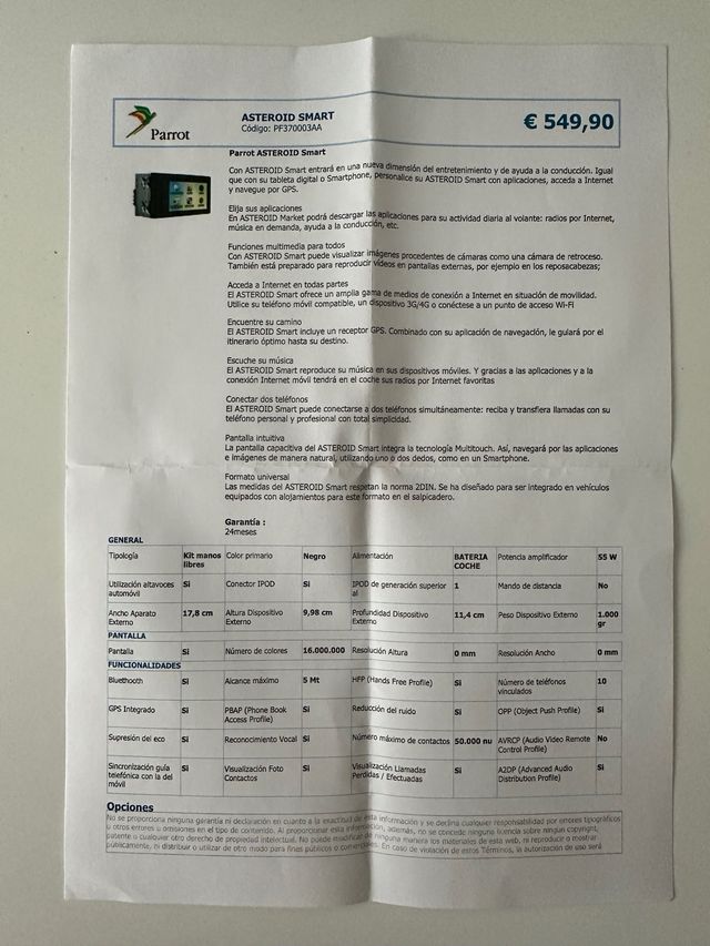 PARROT ASTEROID SMART GPS TELEFONO MULTIMEDIA