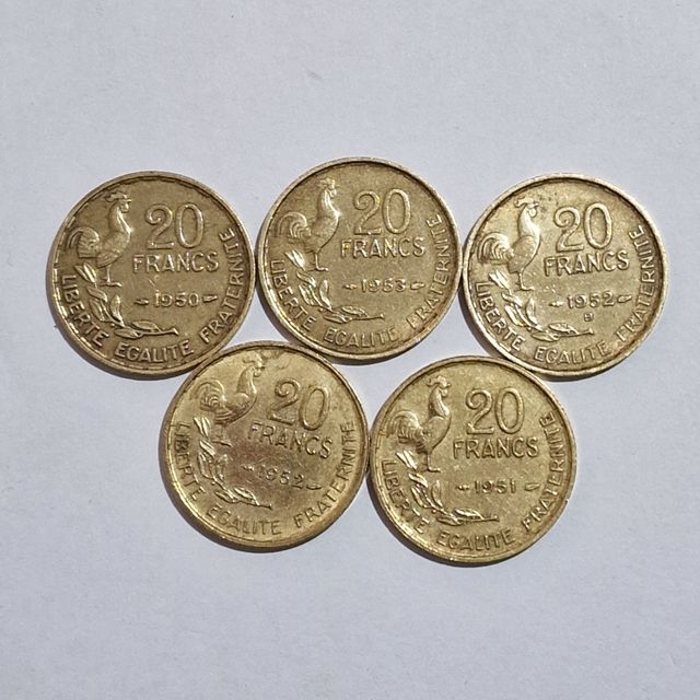 Lotto 5 monete da 20 franchi Francesi