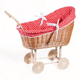 Carrito de muñecas de mimbre , madera y tela