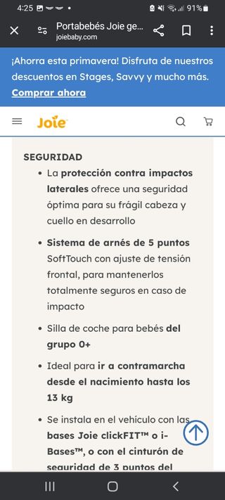 Silla del coche grupo 0+ joie