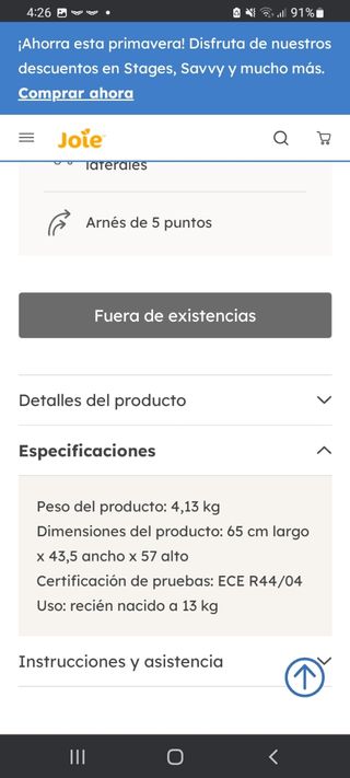 Silla del coche grupo 0+ joie
