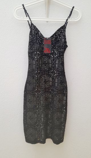 Vestido mini S/ XS encaje negro Mango tirantes