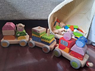 Lote 2 Juguetes Madera Tren y Bloques construcción