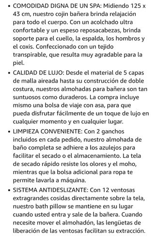 Cojin bañera (125x43cm) - Almohada bañera con apoy