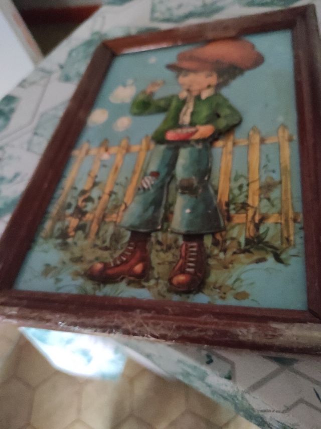 Cuadro madera en 3D, niño con pompas