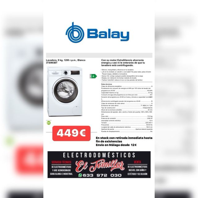 Lavadora Balay 9kg Energia A