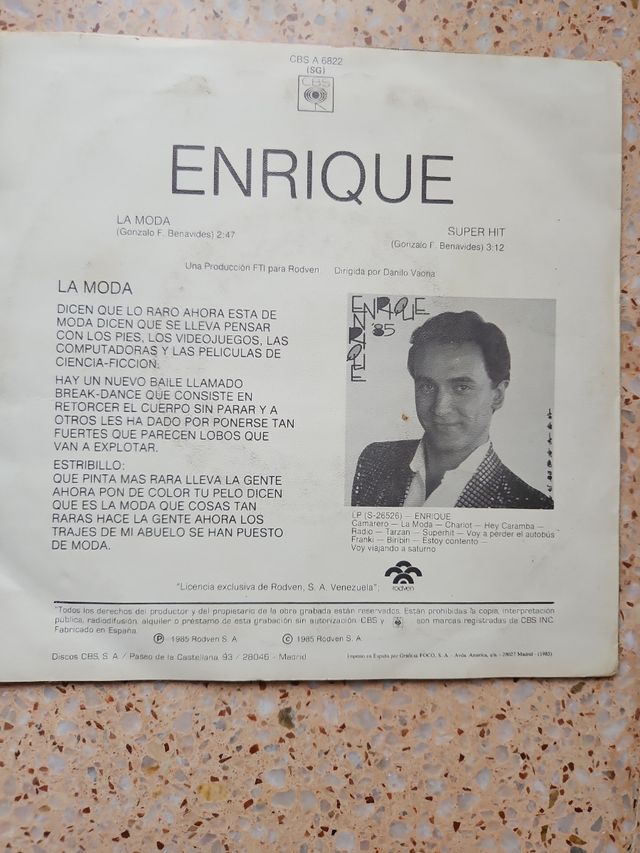 Single Vinilo Enrique "la moda"