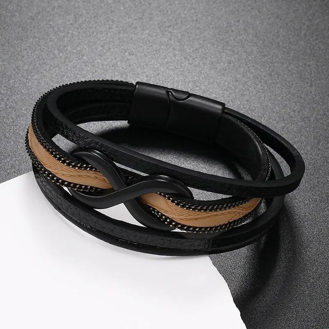 Pulsera de cuero Beige/Negro de 20,5 cm 
