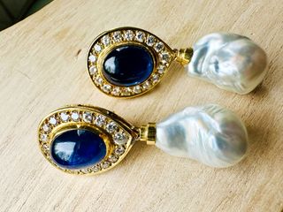 Pendientes perlas, zafiros y brillantes