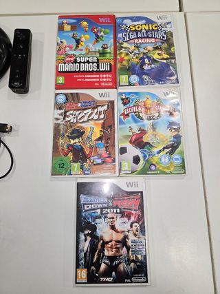 Lote Wii con accesorios y 5 juegos