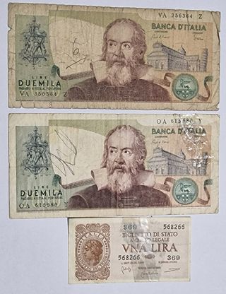 Lotto tre banconote due da 2000 Lire una Lira
