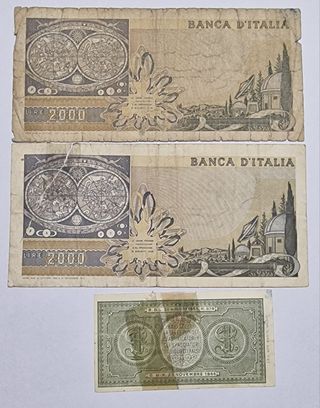 Lotto tre banconote due da 2000 Lire una Lira