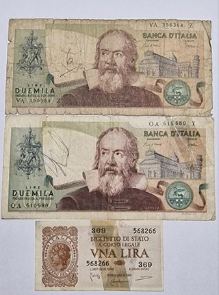 Lotto tre banconote due da 2000 Lire una Lira