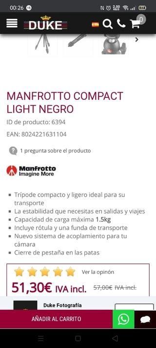 Trípode Manfrotto COMPACT LIGHT+ 4 secciones NEW!