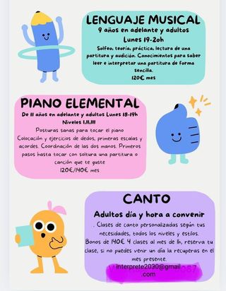 Clases de CANTO
Piano iniciación
Música temprana /