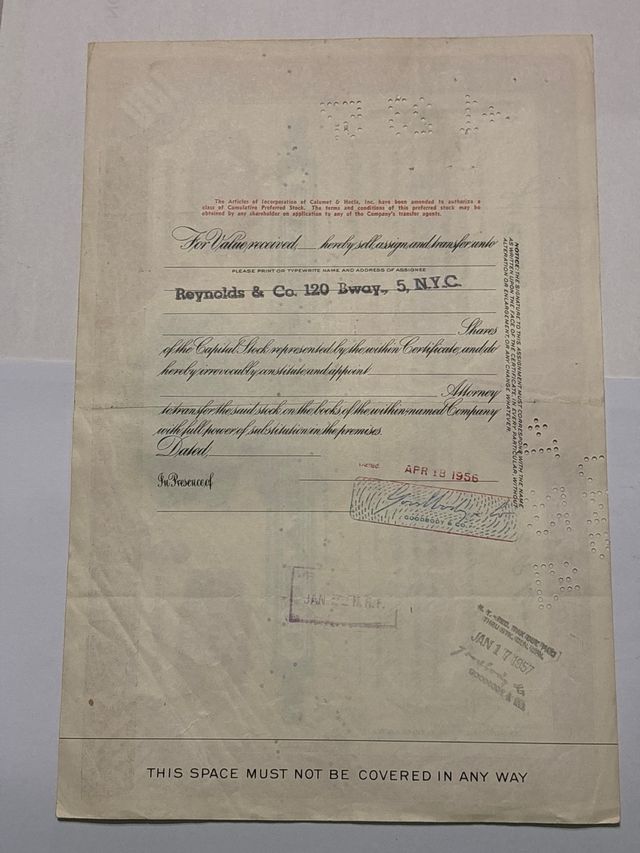 Azione da collezione calument e hecla inc