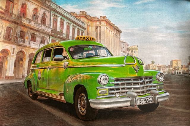 Dibujo a color Taxi Coche Retro de Cuba. Almendron
