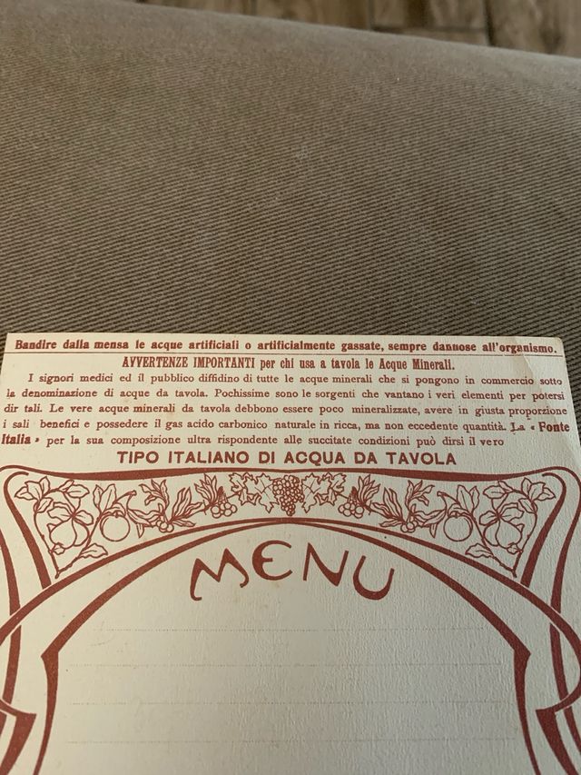 Menù d’epoca pubblicitario Fonte Italia