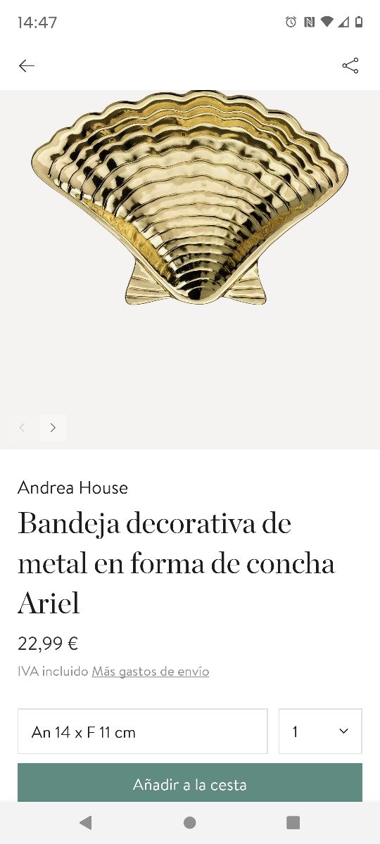 Bandeja pequeña concha dorada Andrea House