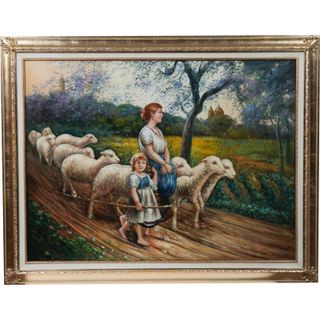 Idillio Pastorale: Olio su Tela Raffigurante Pasto