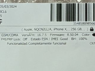 APPLE IPHONE X 256GB PLATA BATERÍA NUEVA