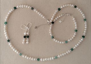 Conjunto completo, plata ley, perla, esmeralda 