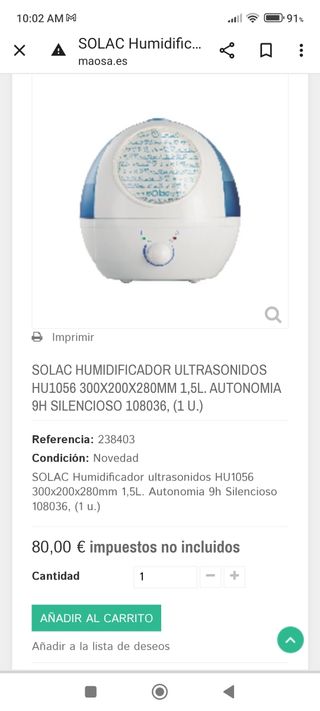 Humidificador ultrasónico solac