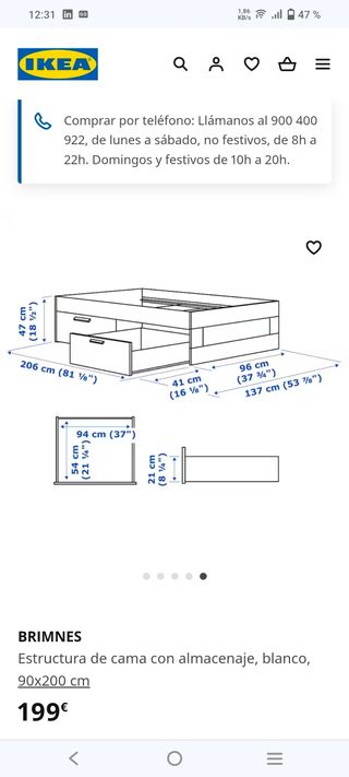 Cama brimnes Ikea sencilla con cajonera 90x 190 cm