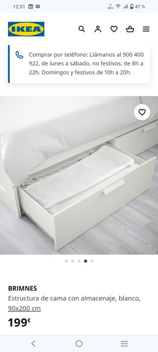 Cama brimnes Ikea sencilla con cajonera 90x 190 cm