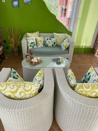 Conjunto de jardin de sofás blancos y mesa central