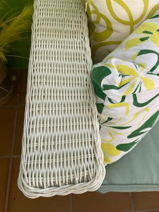Conjunto de jardin de sofás blancos y mesa central