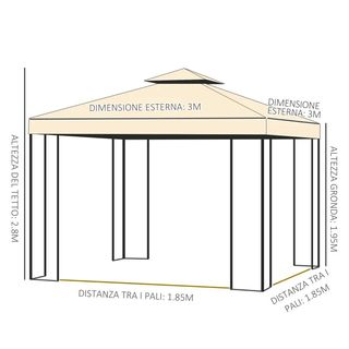  Gazebo da Giardino 3x3m con Zanzariera, Telaio in