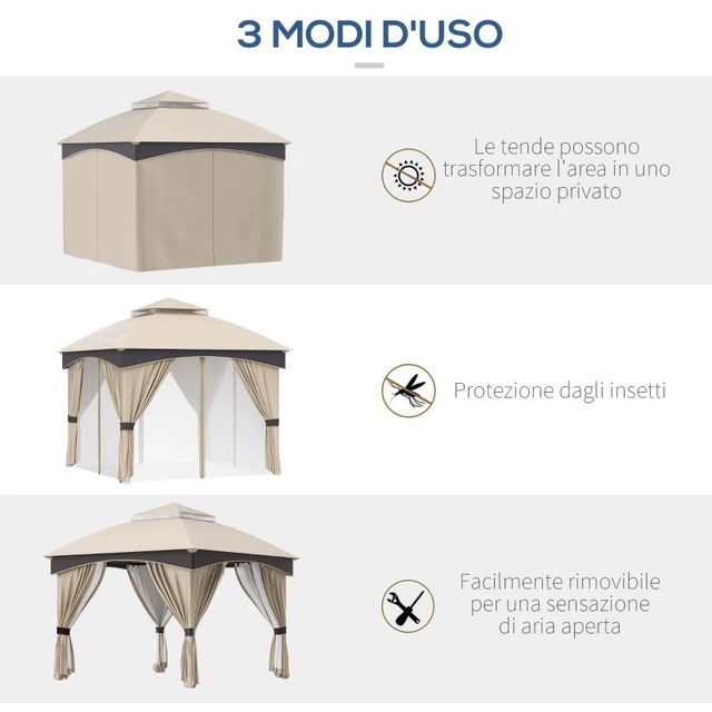 Gazebo da Giardino 3x3m in Acciaio con Doppio Tett
