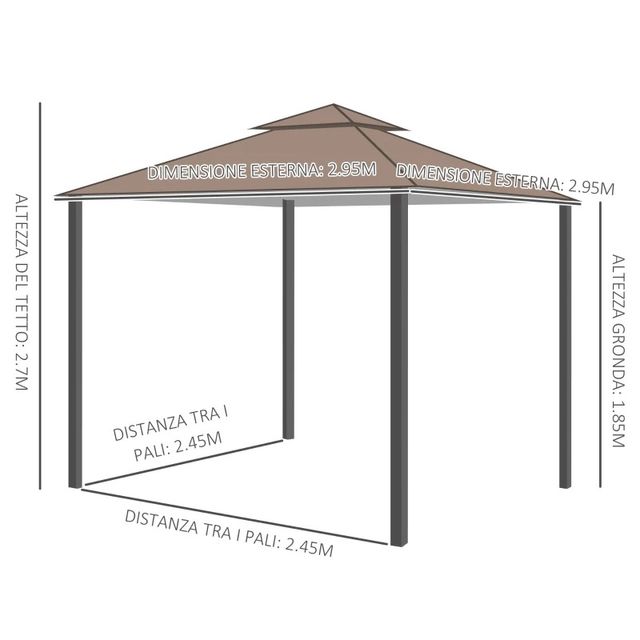 Gazebo da Giardino 3x3m con Zanzariera, Tetto a 2