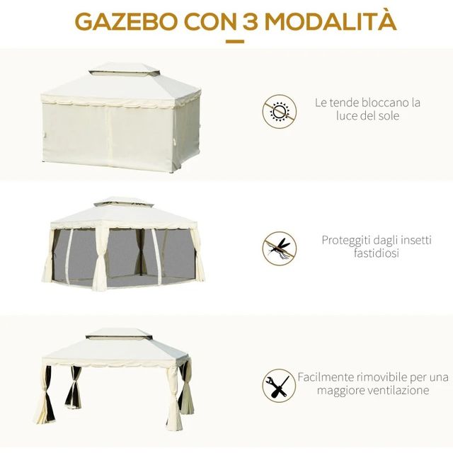 Gazebo da Giardino 4x3m con Zanzariera e Doppio Te