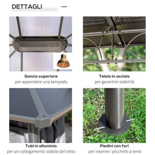  Gazebo da Giardino 3.6x3m con Tetto in Policarbon