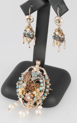 Conjunto antiguo broche y pendientes en oro 14k